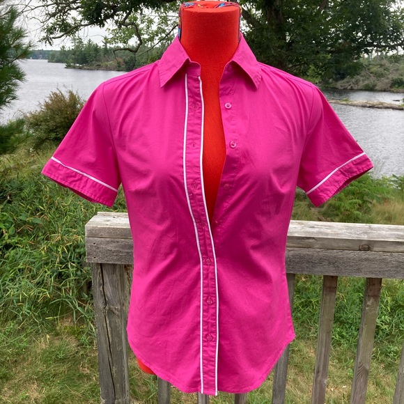 Vintage Y2K Alfred Sung Button Up Bowling Shirt Bright Pink Piping 90s does 60s - Picture 7 of 8